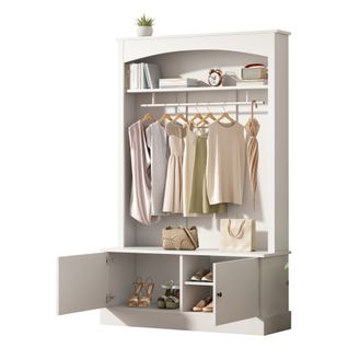 Vestiaire D'entrée Avec Armoire à Chaussures, Rangement Ouvert Et Tringle à Vêtements, Blanc