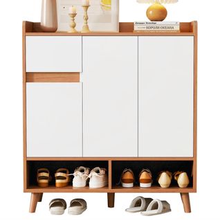 Meuble à Chaussures D'entrée Blanc Et Imitation Bois Tiroir, 3 Portes Et 2 Niches