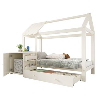 Lit Cabane Enfant 90x200 Cm Avec Tiroir Et Table De Chevet avec porte, En Bois, Blanc