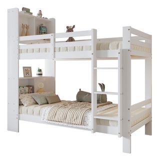 Lit Superposé Enfant 90x200 Cm Avec 4 Rangments Ouverts Et Échelle à 3 Marches, En Bois, Blanc