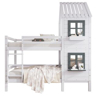 Lit Superposé Enfant 90x200 Cm En Bois Avec Fenêtre, Avec Rangement Ouvert, Blanc