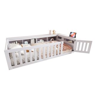 Lit Enfant 90x200 Cm, Cadre De Lit Avec Des Compartiments De Rangement, Avec Porte, En Bois, Blanc