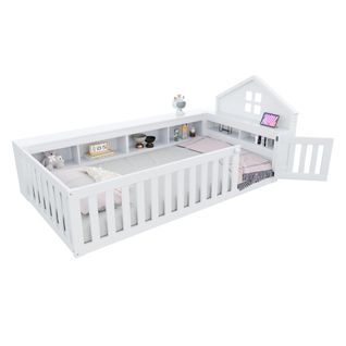 Lit Enfant 90x200 Cm Avec Compartiment De Rangement Et Porte, En Bois, Blanc