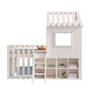 Lit Cabane Enfant 90x200 Cm Avec Toit, Fenêtre, Rangement Ouvert, Échelle, Blanc