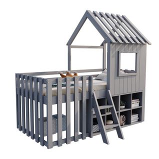 Lit Cabane Enfant 90x200 Cm Avec Toit, Fenêtre, Rangement Ouvert, Échelle, Gris