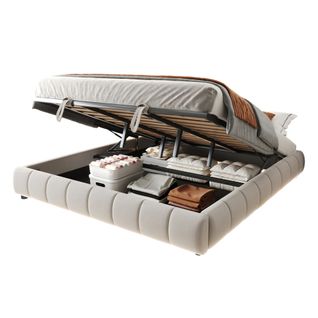 Lit Coffre 180x200 Cm, Lit Adulte 180x200 Cm Avec Éclairage LED, Sans Tête De Lit, Beige