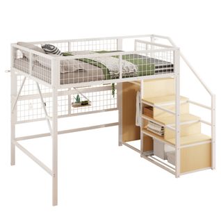 Lit Mezzanine Ados 140x200 Cm En Métal Avec Éclairage LED, Escalier Avec Rangement, Blanc