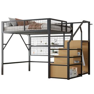 Lit Mezzanine Ados 140x200 Cm En Métal Avec Éclairage LED, Escalier Avec Rangement, Noir