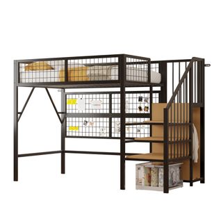 Lit Mezzanine 90x200 Cm, Lit Enfant En Métal Avec Éclairage LED, Escalier Avec Rangement, Noir