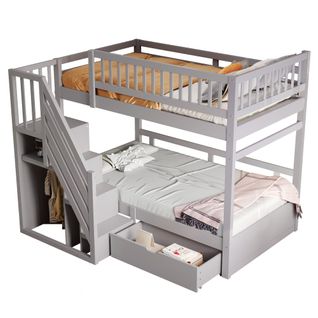 Lit Superposé Enfant 90x200 Cm Avec Espace De Rangement, Avec Tiroir, Gris