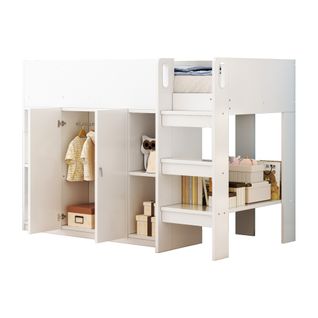 Lit Mezzanine Enfant 90x200 Cm Avec Rangements Ouverts, Armoire Et Étagère, Blanc