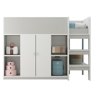 Lit Mezzanine Enfant 90x200 Cm Avec Rangements Ouverts, Armoire Et Étagère, Gris