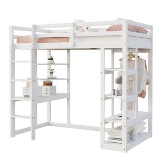 Lit Mezzanine Enfant 90x200 Cm En Bois Avec Échelle, Table Et Étagères, Blanc