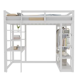 Lit Mezzanine Enfant 140x200 Cm, Cadre De Lit En Bois Avec Échelle, Table Et Étagères, Blanc