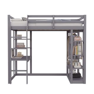 Lit Mezzanine Enfant 140x200 Cm, Cadre De Lit En Bois Avec Échelle, Table Et Étagères, Gris