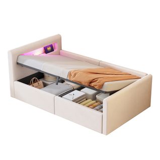 Lit Coffre Enfant 90x200 Cm Avec Éclairage LED, Port De Charge USB, Étagère, Rangement, Beige