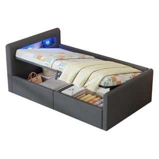 Lit Coffre Enfant 90x200 Cm Avec LED, Port De Charge USB, Étagère, Gris Foncé