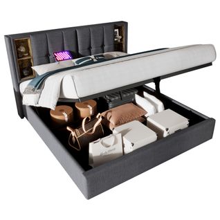 Lit 160x200,lit Coffre,lit Double,lit Avec Rangement,usb,tête De Lit,coton,gris