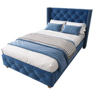 Lit90x200cm,lit 1 Place,lit Adulte,pied De Bois,sommier,agréable,tête De Lit,velours,bleu