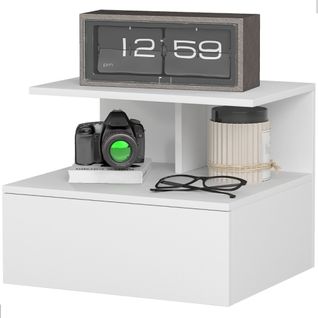Table De Chevet Suspendue Avec Tiroir, Étagère Ouverte, Blanc