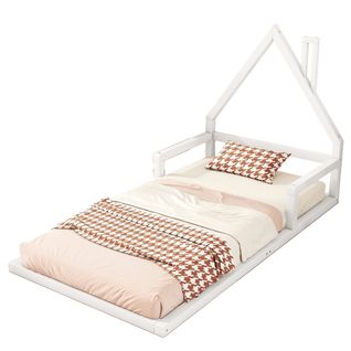 Lit Cabane Enfant 90x200 Cm Au Sol  En Pin Blanc Avec Sommier