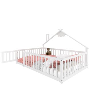Lit Enfant Cabane 140x190 Cm Avec Barrières Sécurisées Et Sommier, Pin Blanc