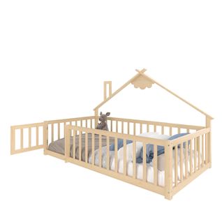 Lit Cabane Enfant 90x190 Cm Avec Sommier Et Porte à Verrou, En Pin Naturel