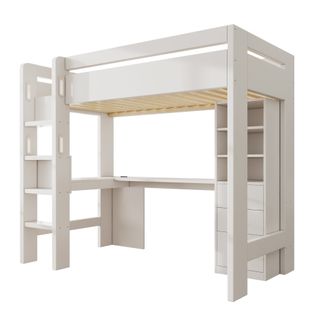 Lit Mezzanine 90x200 Cm, Lit Enfant Avec Bureau En L, Étagères, 3 Tiroirs, Port USB/type-c, Blanc