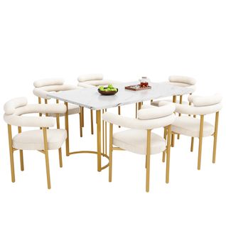 Ensemble Table Et Chaises, Table Rectangulaire Avec Pieds En Métal Doré Et 6 Chaises En Tissu Beige