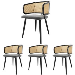 Lot De 4 Chaises De Salle à Manger En Velours Gris Avec Dossier En Rotin, Pieds En Métal Noir