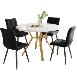Ensemble Table Et Chaises, Table à Manger Ronde Avec Pieds En Métal Et 4 Chaises En Velours Noir
