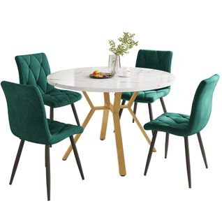 Ensemble Table Et Chaises, Table à Manger Ronde Avec Pieds En Métal Et 4 Chaises En Velours Vert
