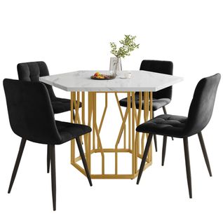 Ensemble Table Et Chaises, Table à Manger Hexagonale Avec Pieds Dorés Et 4 Chaises En Velours Noir