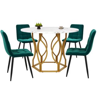 Ensemble Table Et Chaises, Table Ronde Avec Pieds En Métal Doré Et 4 Chaises En Velours Vert