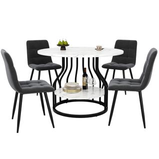 Ensemble Table Et Chaises, Table Ronde En Mdf, Pieds En Métal Noir Et 4 Chaises En Velours Gris