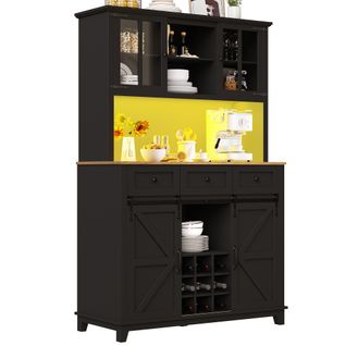 Buffet De Cuisine Noir, Buffet Haut Avec 3 Tiroirs, 4 Portes, LED, Casier à Vin, Rangement Ouvert