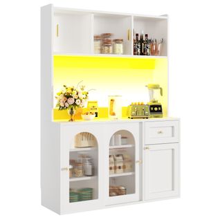 Buffet Haut Avec Tiroir, Des Étagères Réglables, Éclairage LED, Blanc