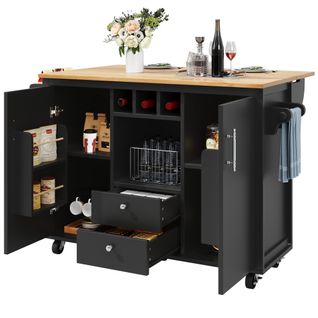 Desserte De Cuisine Extensible à 5 Roulettes Avec 2 Tiroirs, Étagères De Porte, 2 Portes, Noir
