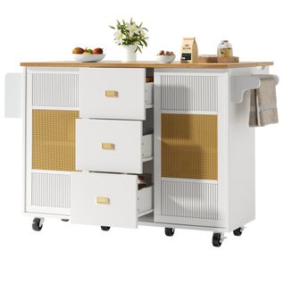 Desserte De Cuisine Extensible à 6 Roulettes Avec 3 Tiroirs, Porte-serviettes, 2 Portes, Blanc