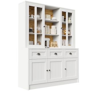 Buffet Haut Avec 3 Tiroirs, Des Étagères Réglables, Rangements Ouverts, Blanc