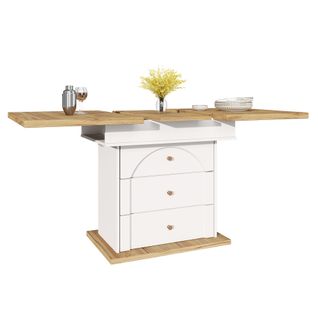 Table à Manger Extensible Rectangulaire Avec 2 Tiroirs, Poignées En Métal Doré, Blanc Et Bois