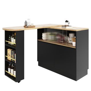 Table à Manger Rotative à 360° Avec Étagères Et 2 Portes Vitrées, Panneau En Grain De Bois, Noir