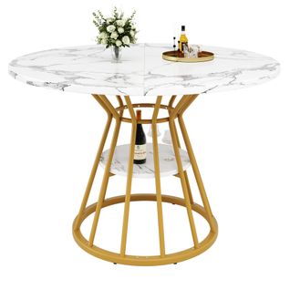 Table à Manger Ronde Avec Étagère, Pieds En Métal Doré, En Placage De Marbre Blanc