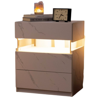 Chevet LED 3 Tiroirs Blanc Motif Marbre Avec Rangement, Éclairage