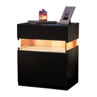 Chevet Noir Éclairage LED Et 3 Tiroirs, Meuble De Rangement Chambre