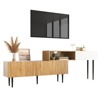 Meuble TV Réglable 130-220cm Blanc Et Bois 3 Portes, Pieds Métal Noir