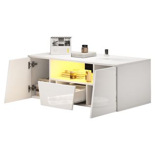 Table Basse Avec LED, 2 Rangements Et 1 Tiroir - 100x50x40 Cm - Mdf - Blanc
