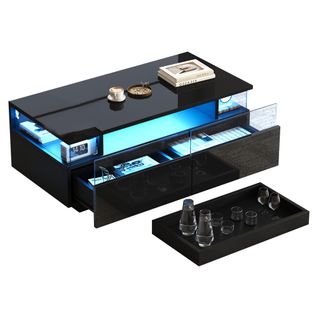 Table Basse Noire Laqué Avec LED, Rangement, 2 Tiroirs, Plateau Amovible