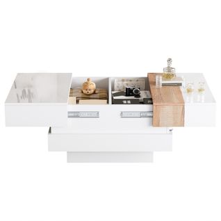 Table Basse Carrée Blanche Et Bois Avec Plateau Rétractable Et Rangement Caché