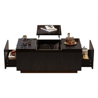 Table Basse Noire Relevable Avec 2 Tiroirs, Éclairage LED Et Plateau Réglable